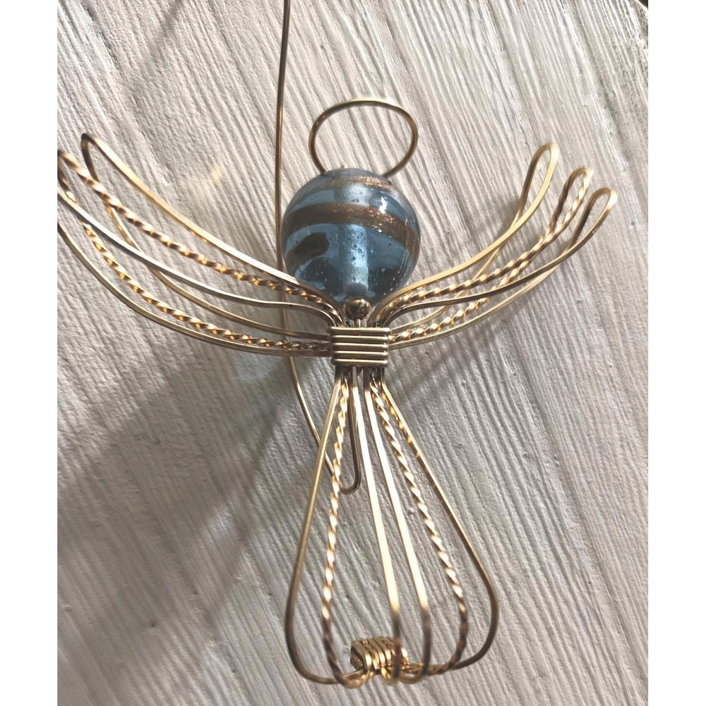 Handcrafted Wire Angel Halo Christmas Tree Ornament Blue Gold Glass Bead Head